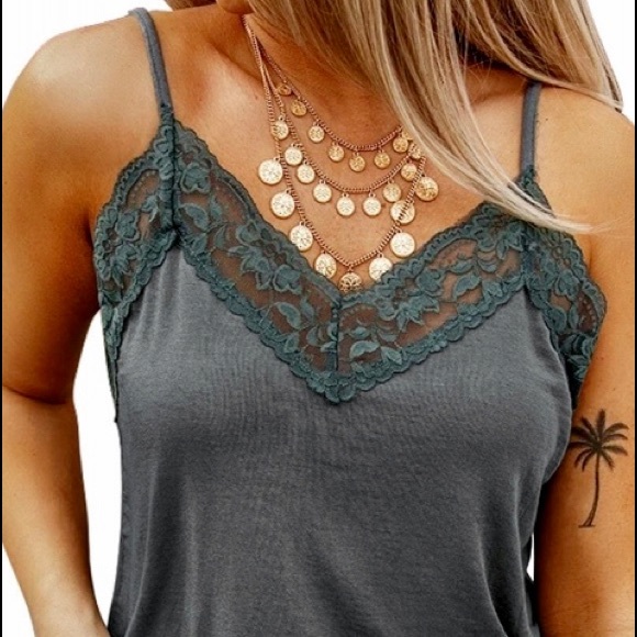 Buddha Quest Tops - Green Lace On Gray Tank
